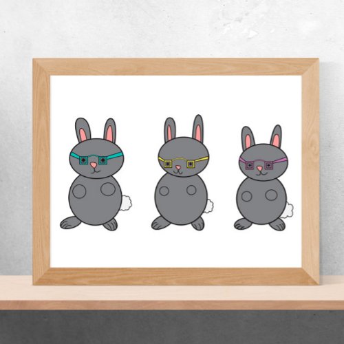 Bunny Rabbits Wearing Glasses Gray Poster