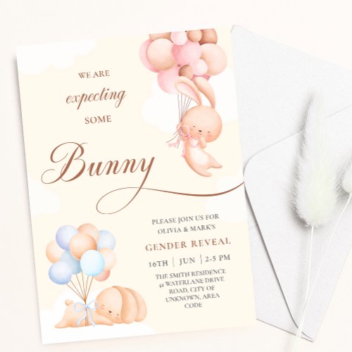 Bunny Rabbits with Blue Pink Balloon Gender Reveal Invitation