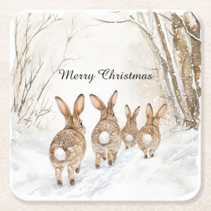 Bunny Rabbits Woods Christmas Square Paper Coaster