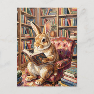 Bunny Reading a Book in Cozy Room Ful of Books  Postcard