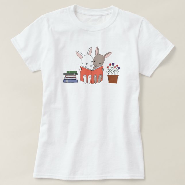 Bunny Reading Book T-shirt Cute Bunnies Book Lover (Design Front)