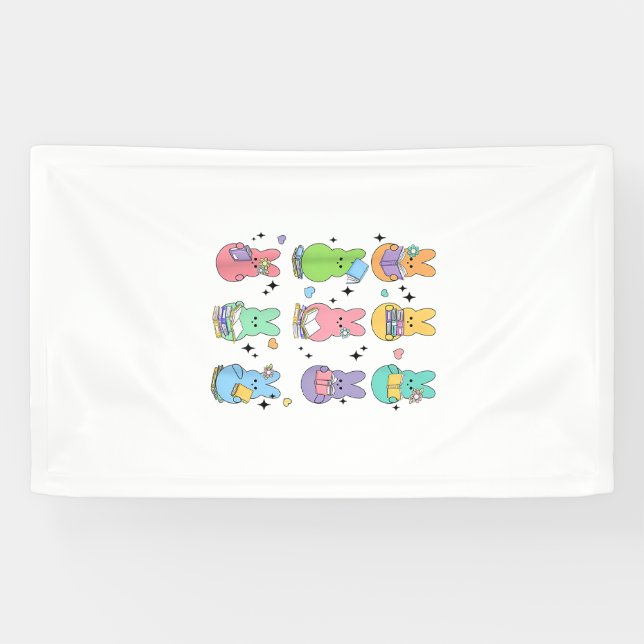 Bunny Reading Books Easter Day Librarian Teacher B Banner (Horizontal)