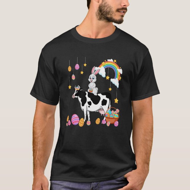 Bunny Riding Cow Easter Day Costume Farmer Hunting T-Shirt (Front)