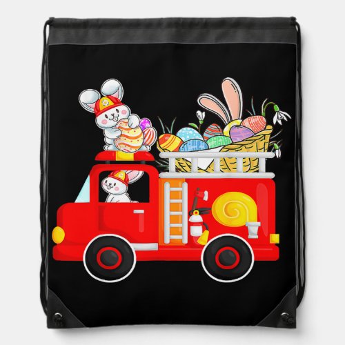 Bunny Riding Firetruck Easter Bunny Firefighter Drawstring Bag