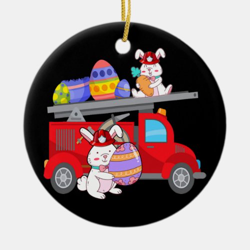 Bunny Riding Firetruck Easter Day Firefighter Ceramic Ornament