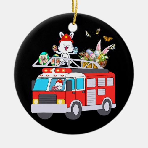 Bunny Riding Firetruck Easter Day Firefighter Ceramic Ornament