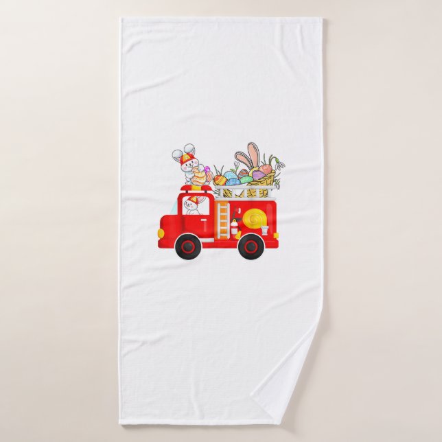 Bunny Riding Firetruck Easter Day Firefighter Happ Bath Towel (Bath Towel)