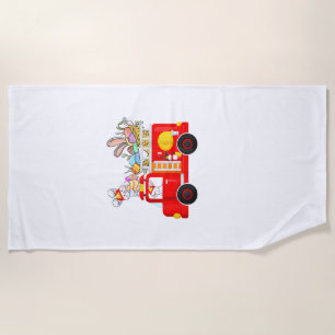 Bunny Riding Firetruck Easter Day Firefighter Happ Beach Towel