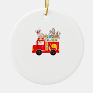Bunny Riding Firetruck Easter Day Firefighter Happ Ceramic Ornament