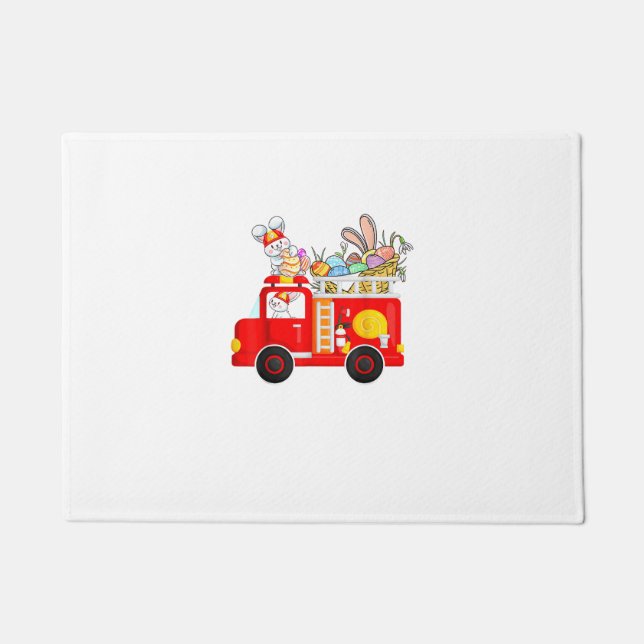 Bunny Riding Firetruck Easter Day Firefighter Happ Doormat (Front)
