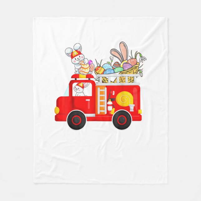 Bunny Riding Firetruck Easter Day Firefighter Happ Fleece Blanket (Front)