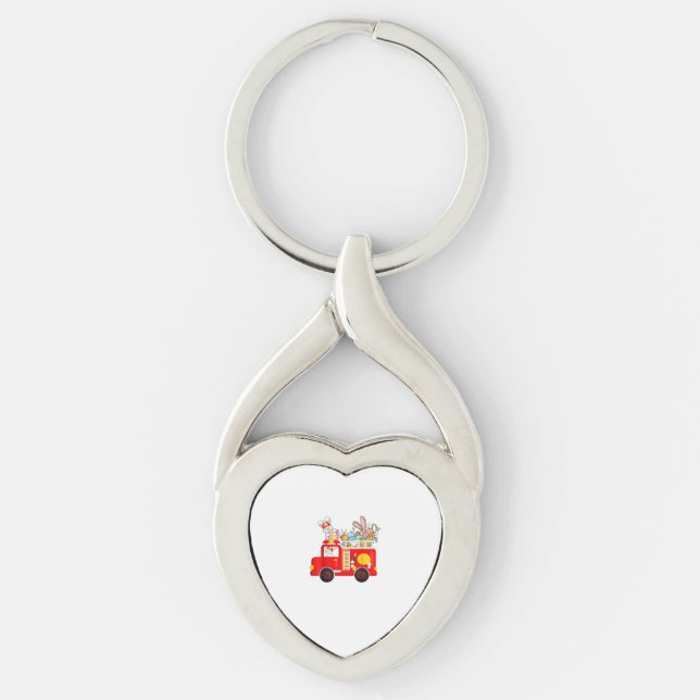 Bunny Riding Firetruck Easter Day Firefighter Happ Keychain (Front)