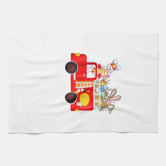 Bunny Riding Firetruck Easter Day Firefighter Happ Kitchen Towel (Horizontal)