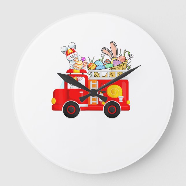 Bunny Riding Firetruck Easter Day Firefighter Happ Large Clock (Front)