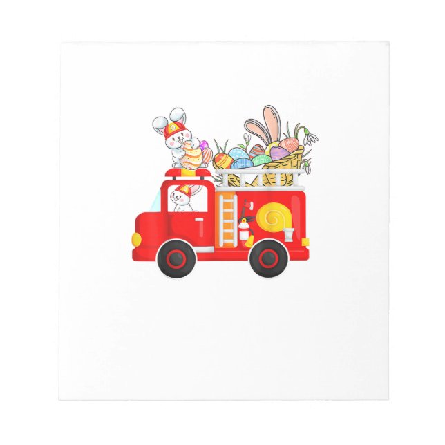 Bunny Riding Firetruck Easter Day Firefighter Happ Notepad (Front)