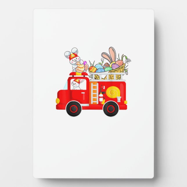 Bunny Riding Firetruck Easter Day Firefighter Happ Plaque (Front)