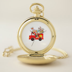 Bunny Riding Firetruck Easter Day Firefighter Happ Pocket Watch
