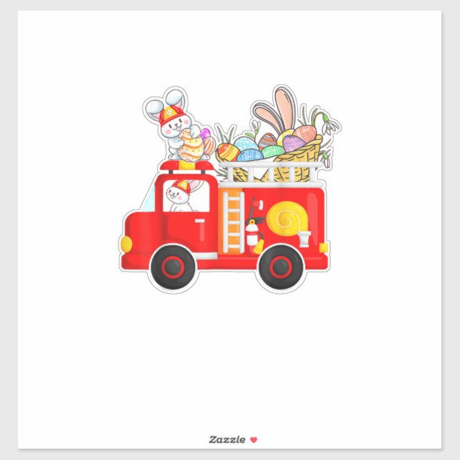 Bunny Riding Firetruck Easter Day Firefighter Happ Sticker (Sheet)