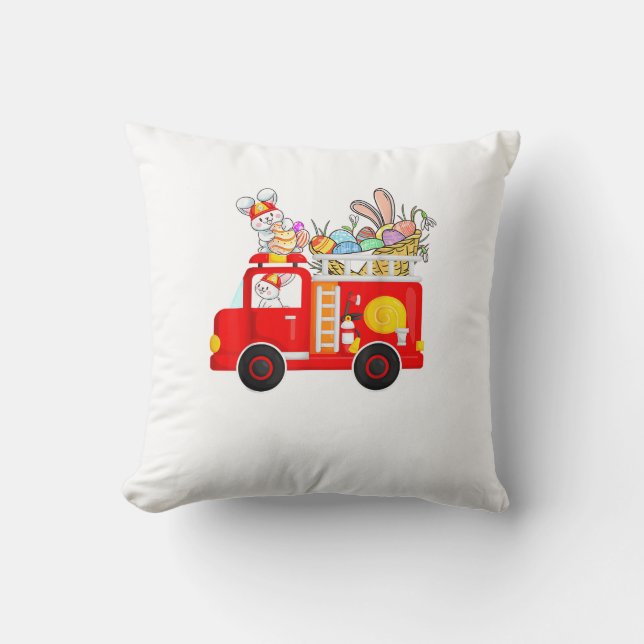 Bunny Riding Firetruck Easter Day Firefighter Happ Throw Pillow (Front)