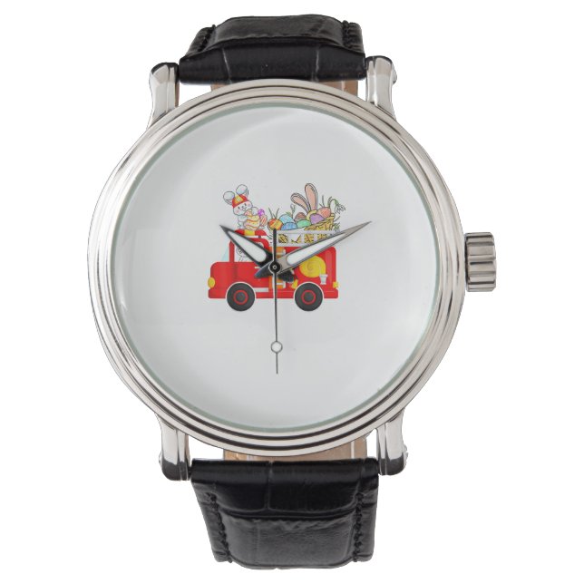 Bunny Riding Firetruck Easter Day Firefighter Happ Watch (Front)