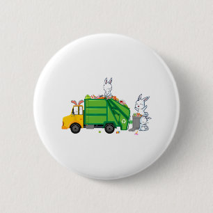 Bunny Riding Garbage Truck Funny Easter Kids Boys Button