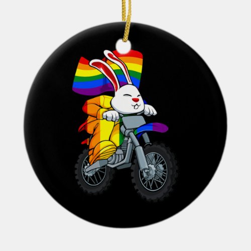Bunny Riding Motorcycle LGBT Q Rainbow Flag Gay Ceramic Ornament