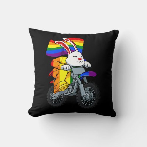 Bunny Riding Motorcycle LGBT Q Rainbow Flag Gay Throw Pillow