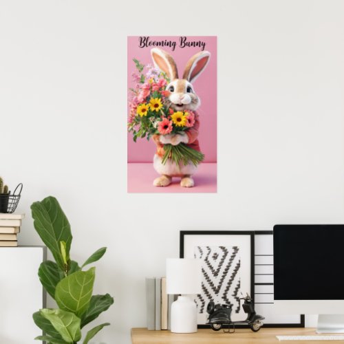 Bunny Roses Bouquet Cheerful Cartoon Rabbit Poster