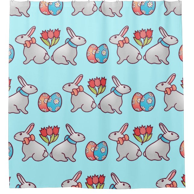 Bunny seamless pattern with easter eggs and a bouq shower curtain (Front)