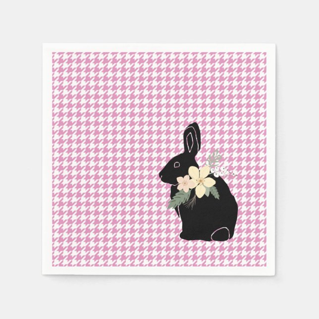 Bunny Silhouette Flowers Pink Houndstooth Easter Napkins (Front)