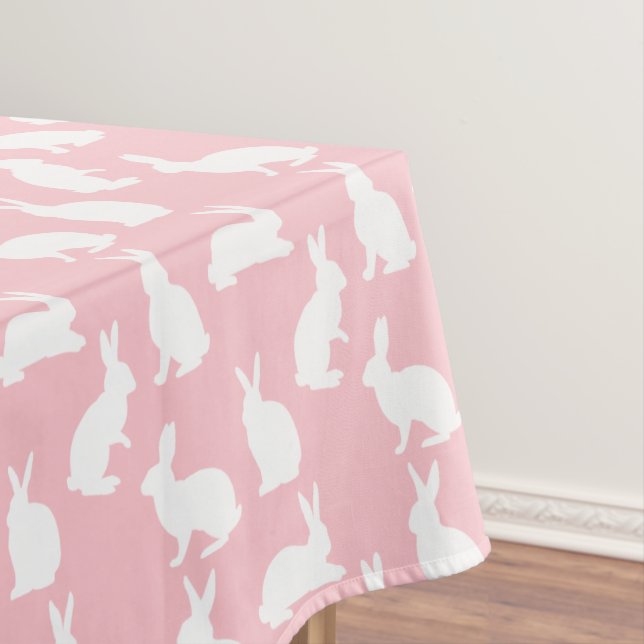 Bunny Silhouettes On Blush Pink Easter Pattern Tablecloth (In Situ)