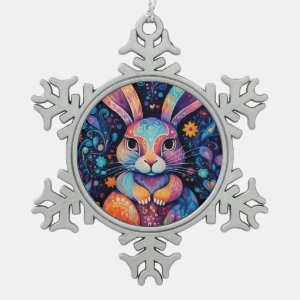 Bunny sitting down flowers hearts snowflake pewter christmas ornament