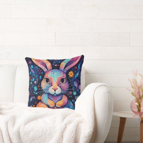 Bunny sitting down flowers hearts throw pillow