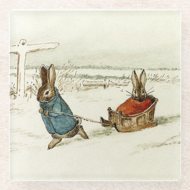 “Bunny Sleigh Ride” by Beatrix Potter Glass Coaster (Front)