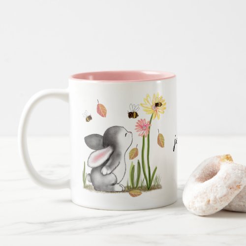 Bunny Smelling Flower Mug with Name