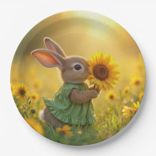Bunny Sniffing a Yellow Sunflower Paper Plates