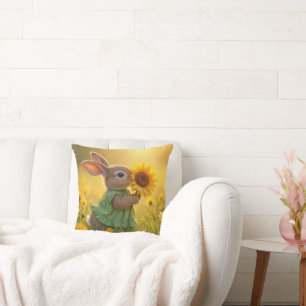 Bunny Sniffing a Yellow Sunflower Throw Pillow