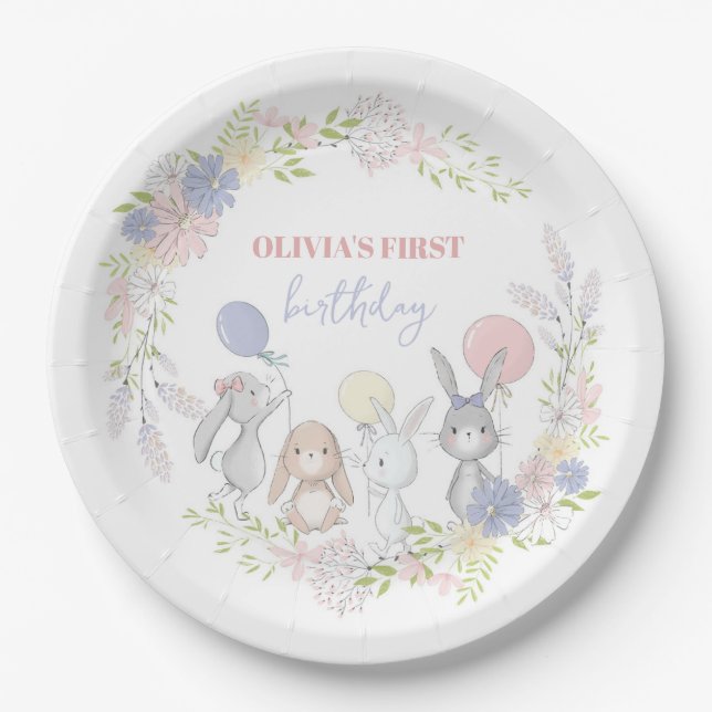 Bunny spring floral birthday party plates (Front)