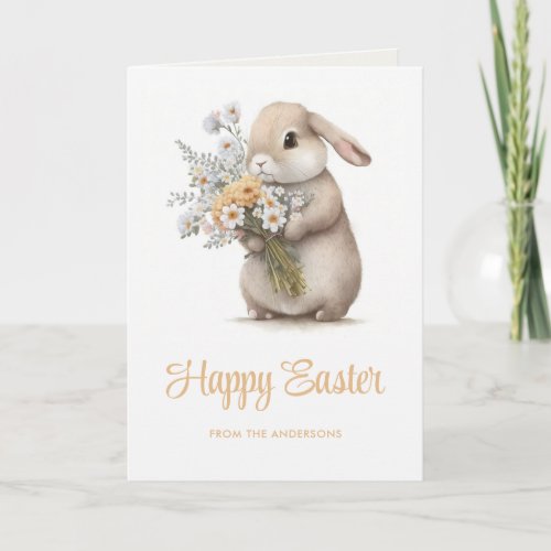 Bunny Spring Flowers Bouquet Happy Easter Holiday Card