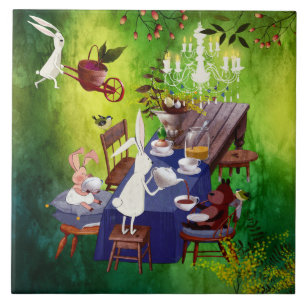 Bunny Spring Party in Forest-Animal Illustration Ceramic Tile