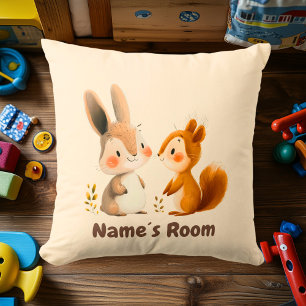 Bunny & Squirrel Woodland Friends   Kids Room Throw Pillow