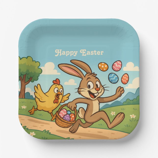 Bunny Steals Eggs from Chicken Humorous Easter Art Paper Plates (Front)