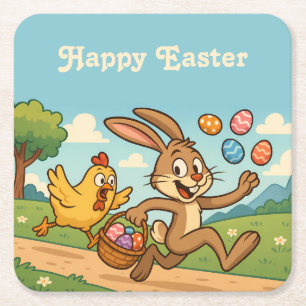 Bunny Steals Eggs from Hen Colorful Easter Cartoon Square Paper Coaster