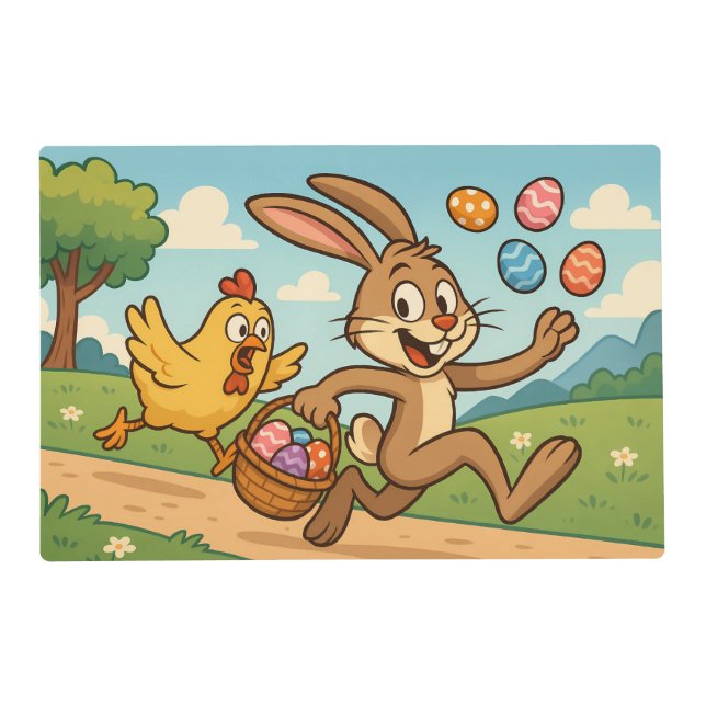 Bunny Steals Eggs from Hen Easter Cartoon Colorful Placemat (Front)