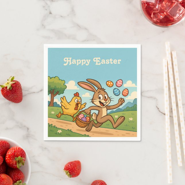 Bunny Steals Eggs from Hen | Funny Easter Cartoon Napkins (Insitu)