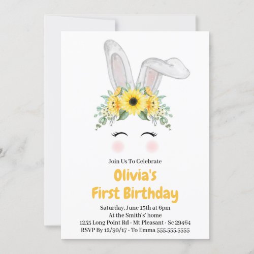 Bunny Sunflower Girl First Birthday Party Invitation