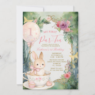 Bunny Tea Party First Birthday Pink Floral Garden Invitation
