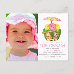 Bunny Teddy Bear Ice Cream Photo Birthday Party Invitation Postcard