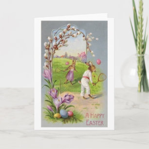 Bunny Tennis Easter Greeting! Vintage Easter Card
