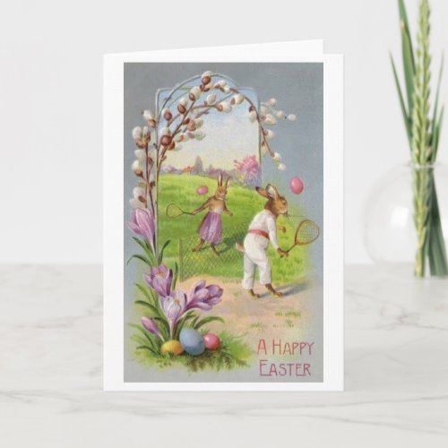 Bunny Tennis Easter Greeting  Vintage Easter Card